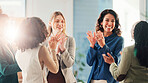 Happy women, meeting and applause with congratulations for achievement or winning at office. Female people, group or team clapping with smile for accomplishment, completion or finished together