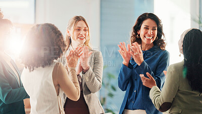 Buy stock photo Happy women, meeting and applause with congratulations for achievement or winning at office. Female people, group or team clapping with smile for accomplishment, completion or finished together