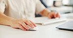 Hands, business and person with mouse in office for research, website scroll and email feedback. Man, typing and laptop with schedule update, company survey and review information for proposal report