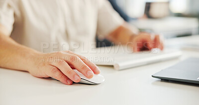 Buy stock photo Hands, business and person with mouse in office for research, website scroll and email feedback. Man, typing and laptop with schedule update, company survey and review information for proposal report