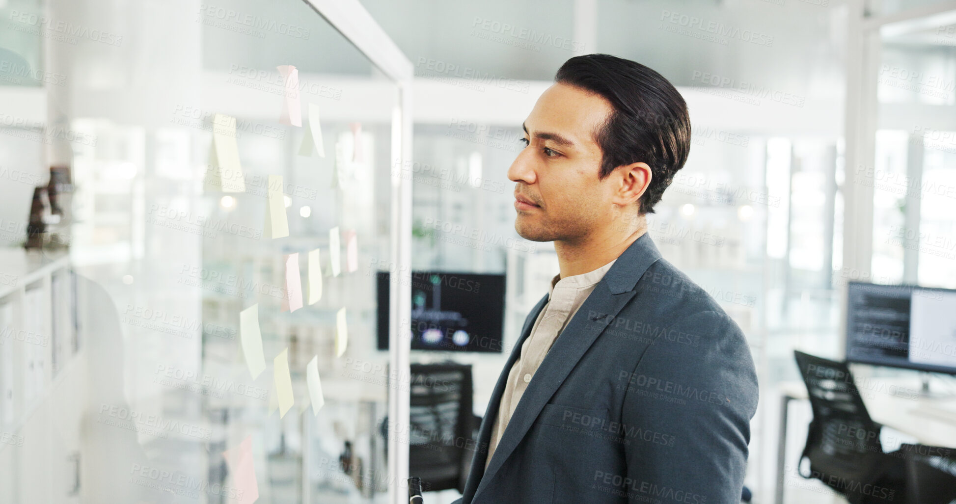 Buy stock photo Reading, glass and man with ideas, serious and info for strategy in corporate company and plan. Office, banker and person with sticky notes for potential investment and financial growth for business