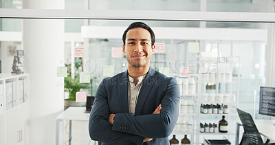 Buy stock photo Portrait, research and man in lab, arms crossed and funding for chemistry experiment. Face, happy person and employee in workplace, drug trail and testing for cure, vaccine development and confidence