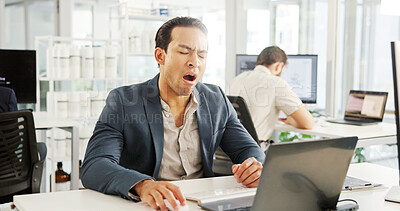 Buy stock photo Man, laptop and tired with yawn in office for burnout, exhausted and overworked on medical research. Data analyst, employee and bored in lab for science experiment, fatigue and neuro tech innovation