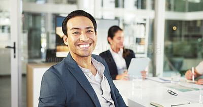 Buy stock photo Portrait, business and man in office, meeting and smile with confidence, accounting and career ambition. People, employees and financial advisor in workplace, pride and happiness with expert or joy