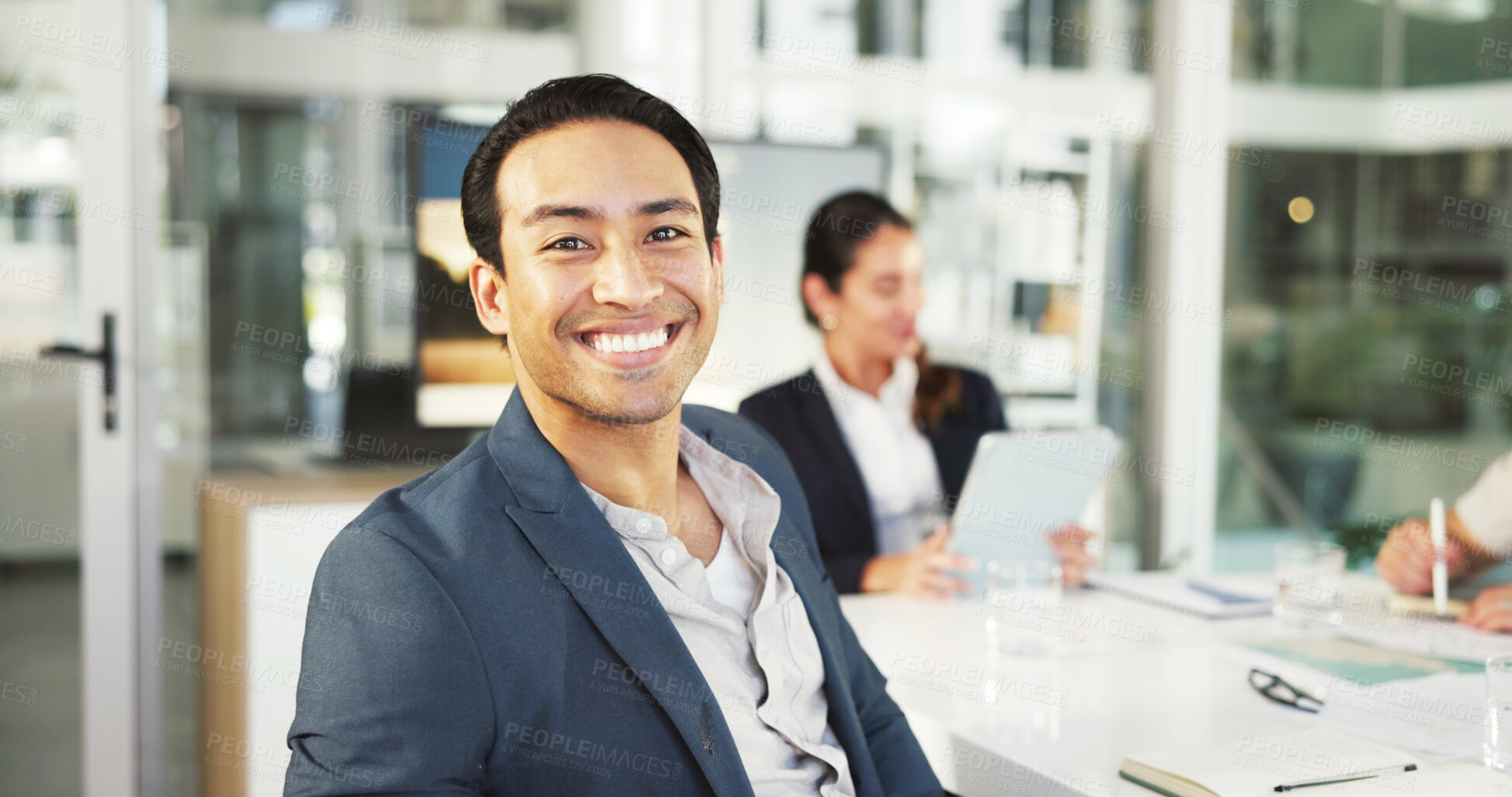 Buy stock photo Portrait, business and man in office, meeting and smile with confidence, accounting and career ambition. People, employees and financial advisor in workplace, pride and happiness with expert or joy