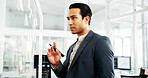 Serious, planning and man with ideas, glass and info for strategy in corporate company and schedule. Office, banker and person with sticky notes for investment, opportunity and financial growth
