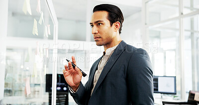 Buy stock photo Serious, planning and man with ideas, glass and info for strategy in corporate company and schedule. Office, banker and person with sticky notes for investment, opportunity and financial growth