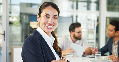 Buy stock photo Portrait, business and woman in office, meeting and smile with confidence, accounting and career ambition. People, employees and financial advisor in workplace, pride and happiness with skills