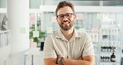 Buy stock photo Arms crossed, glasses and smile with business man in office for schedule coordinator, appointment reminder and idea. Sticky note, calendar and project due date with portrait of person in startup