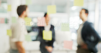 Buy stock photo Business people, blur or meeting with glass board for schedule planning, agenda or tasks at office. Group, employees or sticky notes with reminder or sticker for team brainstorming, strategy or ideas