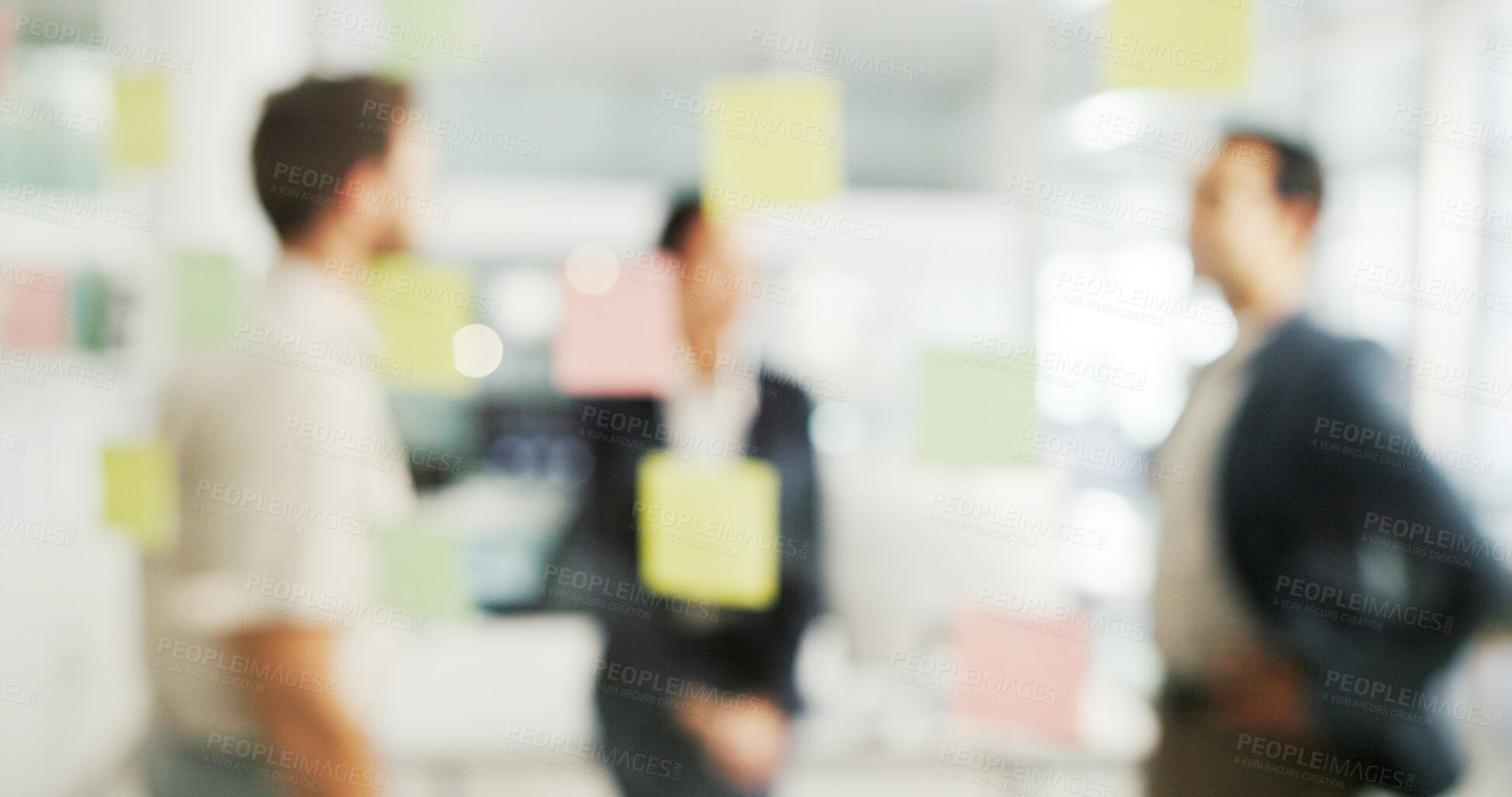 Buy stock photo Business people, blur or meeting with glass board for schedule planning, agenda or tasks at office. Group, employees or sticky notes with reminder or sticker for team brainstorming, strategy or ideas