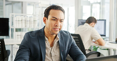 Buy stock photo Tired, business and man reading in office for administration, deadline and financial report. Fatigue, person and sleepy from exhaustion with burnout, investment proposal and bored at corporate work