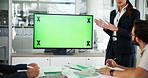 Business, woman and meeting with green screen in office for information, explain proposal and feedback. People, chromakey display and tracking markers, presentation and mockup space of project report