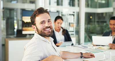 Buy stock photo Portrait, business and man in workplace, meeting and pride with confidence, accounting and career ambition. People, employees and financial advisor in office, smile and happiness with expert