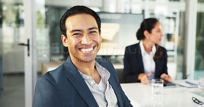 Buy stock photo Portrait, business people and man in meeting, smile and confidence with accounting. Face, pride and employees in office, manager and financial company for advice, economy and investment growth