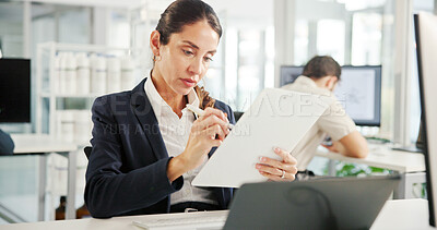 Buy stock photo Laptop, writing or businesswoman with paperwork for research, financial news or profit evaluation. Budget, finance advisor or economist with documents for revenue growth, payroll ot investment report