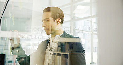 Buy stock photo Business, glass wall and man with creativity, thinking and planning with ideas for proposal. Choice, employee or sales consultant in workplace, problem solving or brainstorming for project or writing