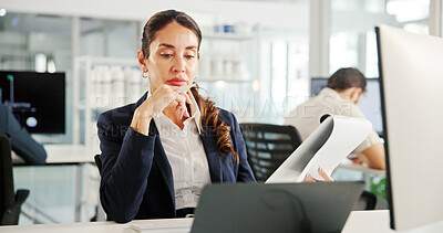 Buy stock photo Finance, laptop or businesswoman reading paperwork for research, economy or profit evaluation. Budget, financial advisor or economist with documents for revenue growth, news and investment report