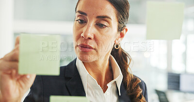 Buy stock photo Writing, ideas and woman with sticky notes, office and planning for financial growth, company or economy. Reminder, banker and info for potential investment, mature person or opportunity for business