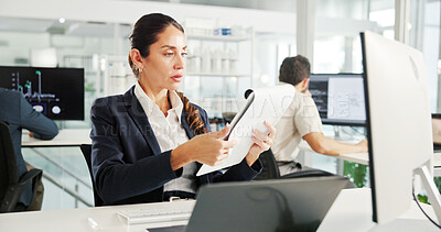 Buy stock photo Laptop, reading or businesswoman with documents for research, financial news or profit evaluation. Budget, finance advisor or economist with paper for company revenue growth, payroll or investment