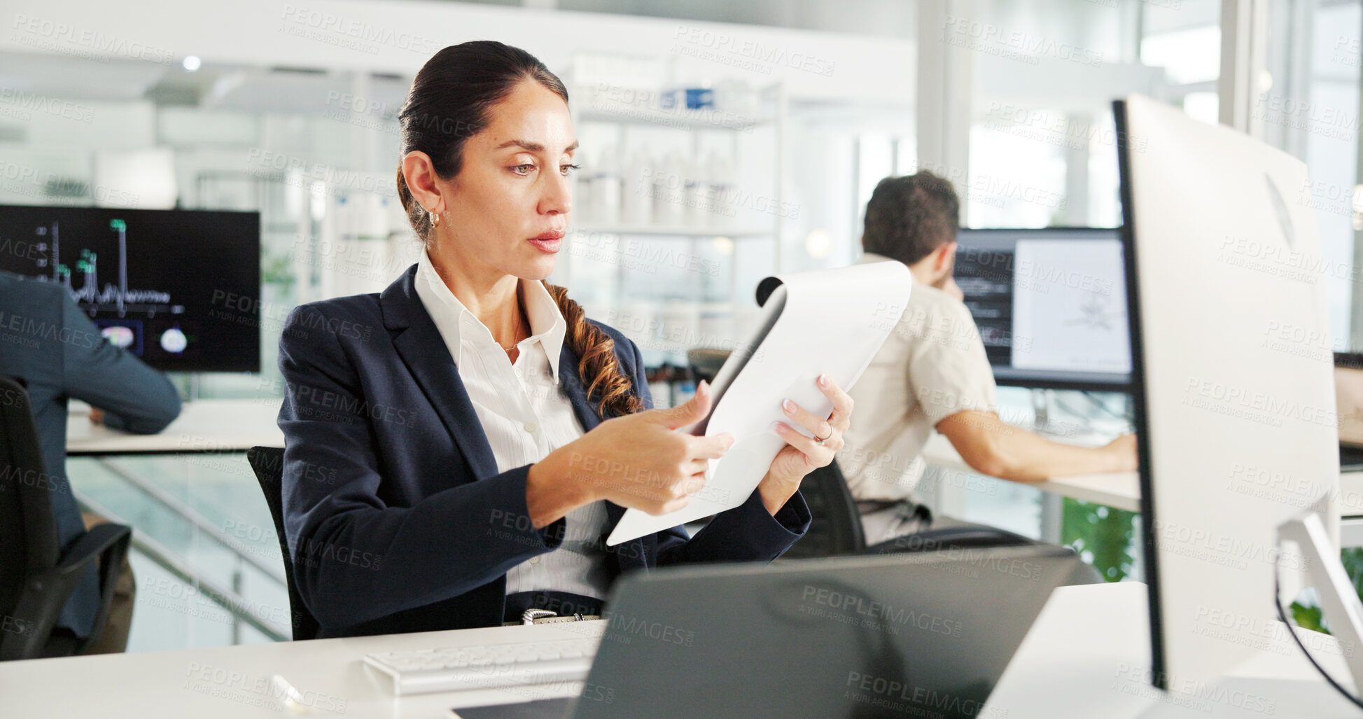 Buy stock photo Laptop, reading or businesswoman with documents for research, financial news or profit evaluation. Budget, finance advisor or economist with paper for company revenue growth, payroll or investment