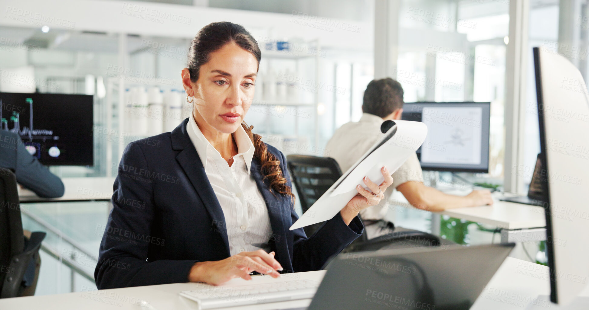 Buy stock photo Laptop, review or businesswoman with documents for research, financial news or profit evaluation. Budget, finance advisor or economist with paper for company revenue growth, payroll or investment