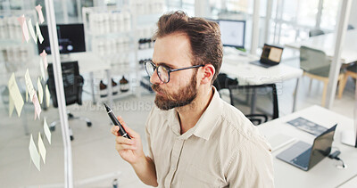 Buy stock photo Business, glass wall and man with creativity, decision and planning with ideas for proposal. Person, sticky notes o sales consultant with contemplation, problem solving and brainstorming for project