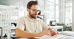 Man, tech or typing in hospital for research, project management or scientific study. Medical engineer, keyboard or review in coworking space for healthcare innovation with pharmaceutical development