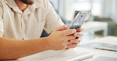 Buy stock photo Phone, hands and business man at desk with internet for communication, email or proposal deal. Typing, technology and online for social media, contact and networking in office as creative employee