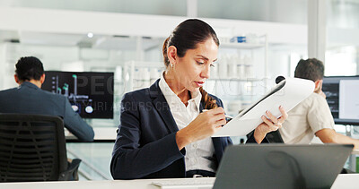 Buy stock photo Finance, writing or businesswoman with paperwork for research, economy or profit evaluation. Budget, financial advisor or economist with documents for revenue growth, payroll or investment report