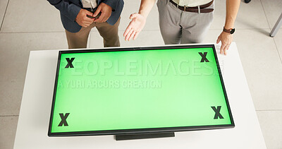 Buy stock photo Hands, business men and display with green screen in office for information, proposal and feedback. People, meeting and tracking markers, negotiation update and mockup space with project report