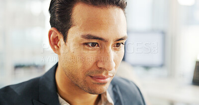 Buy stock photo Face, reading or businessman with information for research, financial news or profit evaluation. Budget, finance advisor or Asian economist with technology for revenue growth, payroll or investment