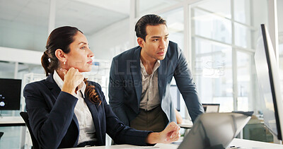 Buy stock photo Financial, teamwork or business people on computer for research, economy news or profit evaluation. Budget, manager or economist with finance advisor for revenue growth, sales and investment report 