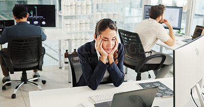 Buy stock photo Research, woman and tired by laptop in laboratory with burnout, exhausted and overworked on genomic study. Data analyst, employee and bored with neuroscience experiment, MRI analysis and innovation