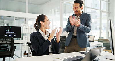 Buy stock photo Business people, success or celebration with applause at office for neurology study, result or good news. Businessman, woman or employees clapping with smile for medical investment, winning or profit