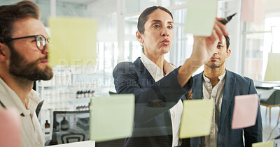 Buy stock photo Writing, ideas and woman with sticky notes, colleagues and planning for financial growth and company. Reminder, banker and info for potential investment, mature person and collaboration in business