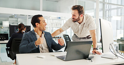 Buy stock photo Business people, winning and fist pump with laptop for achievement, promotion or good news at office. Happy, businessman or team with smile on computer for bonus, success or investment at workplace