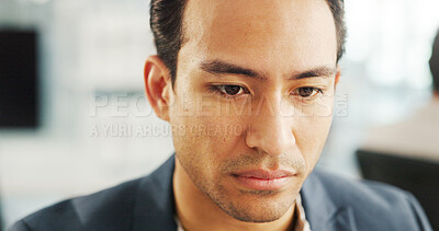 Buy stock photo Face, office or businessman reading for research, financial news or profit evaluation. Budget, finance advisor or Asian economist with information for company revenue growth, payroll or investment