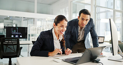 Buy stock photo Finance, teamwork or business people on laptop for research, economy news or profit evaluation. Budget, manager or economist with financial advisor for revenue growth, sales and investment report