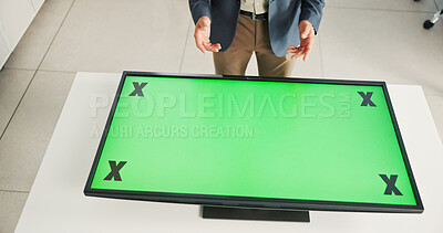 Buy stock photo Business, man and hands with green screen in office for information, explain proposal and feedback. Person, chromakey display and tracking markers, review update and mockup space with project report