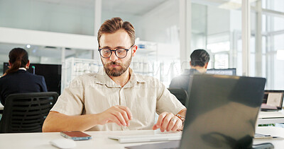 Buy stock photo Thinking, office and business man with laptop for insight, reflection or planning for software development. Programmer coding, creative and idea for app, problem solving or inspiration for web design