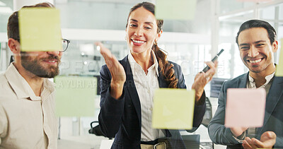 Buy stock photo Discussion, woman and colleagues with ideas, applause and planning for financial growth, team and talking. Collaboration, people and sticky notes with strategy, clapping and investment for business