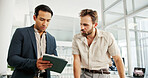 Men, tablet and finance at office with report, review and discussion with results, stats and revenue. Business people, digital touchscreen and app with fintech, feedback and stock market investing