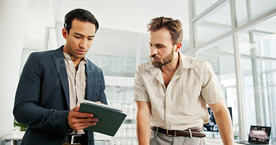 Buy stock photo Men, tablet and discussion in office for project, partnership or review at biohacking startup. Engineer, consulting and digital touchscreen for brain scan, app or research at neurotechnology company