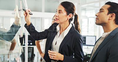 Buy stock photo Writing, ideas and group with sticky notes, corporate and woman with strategy for potential investment. Business, colleagues and people with info for opportunity, financial analyst and brainstorming