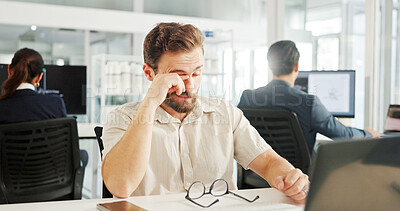 Buy stock photo Eye strain, pain and businessman with stress, anxiety and work pressure in office with laptop. Vision fatigue, exhausted and person with burnout from wrong glasses, lens error or tired and frustrated