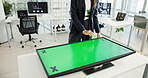 Business, woman and touch with green screen in office for information, medical proposal and feedback. Person, chromakey display and tracking markers, interactive and mockup space for neurology report