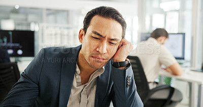 Buy stock photo Business, tired and man in office, fatigue and frustrated with deadline, overwhelmed and accounting. Person, employee and financial advisor in workplace, burnout and exhausted with debt pressure