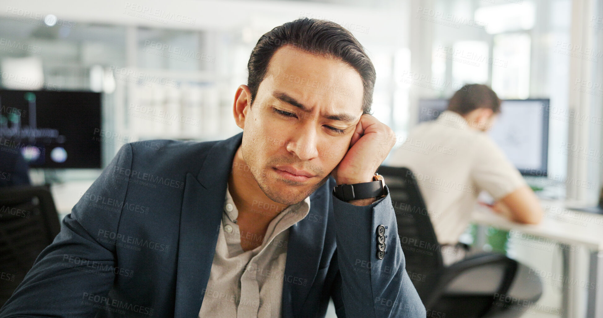 Buy stock photo Business, tired and man in office, fatigue and frustrated with deadline, overwhelmed and accounting. Person, employee and financial advisor in workplace, burnout and exhausted with debt pressure