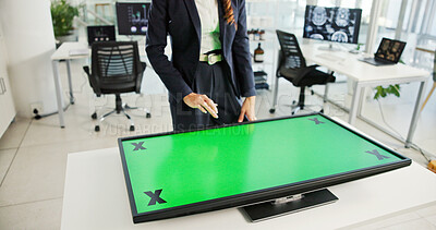 Buy stock photo Corporate, woman and touch with green screen in office of information, medical proposal and feedback. Person, chromakey display and tracking markers, interactive and mockup space for neurology report